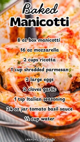 Collage pin showing a close-up of baked manicotti being served, with melted cheese and sauce. Overlaid text reads: &ldquo;Baked Manicotti&rdquo; followed by ingredient list: 8 oz box manicotti, 16 oz mozzarella, 2 cups ricotta, 1 cup shredded parmesan, 2 large eggs, 2 cloves garlic, 1 tsp Italian seasoning, 24 oz jar tomato basil sauce, &frac12; cup water. Logo at the bottom reads &ldquo;Crayons + Cravings.&rdquo;