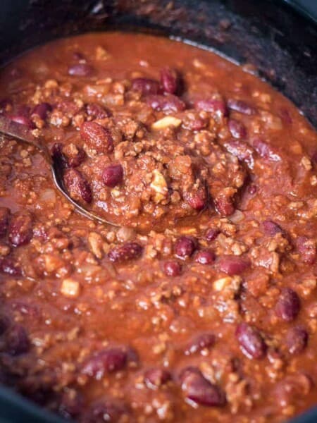Beef chili in crockpot.