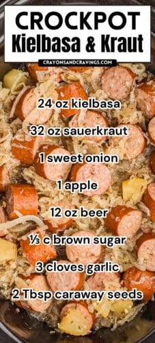 Collage pin showing cooked kielbasa with sauerkraut and potatoes, overlaid with text: “Crockpot Kielbasa & Kraut – 24 oz kielbasa, 32 oz sauerkraut, 1 sweet onion, 1 apple, 12 oz beer, ⅓ c brown sugar, 3 cloves garlic, 2 Tbsp caraway seeds.”