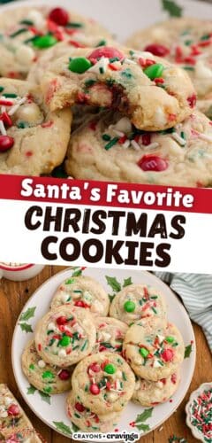 Collage pin with close-up of bitten Christmas M&M sprinkle cookie and a plate of cookies. Text reads "Santa's Favorite Christmas Cookies."