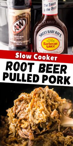 Slow Cooker Root Beer Pulled Pork recipe pin image.
