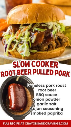 Slow Cooker Root Beer Pulled Pork pin image with ingredient list.