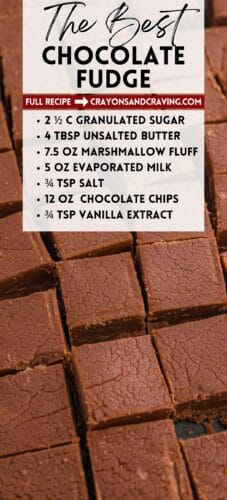 Chocolate fudge pieces in the background and a text overlay listing ingredients: sugar, butter, marshmallow fluff, evaporated milk, salt, chocolate chips, and vanilla extract. Header text reads &ldquo;The Best Chocolate Fudge.&rdquo; A red banner says &ldquo;Full recipe &rarr; crayonsandcravings.com.&rdquo;